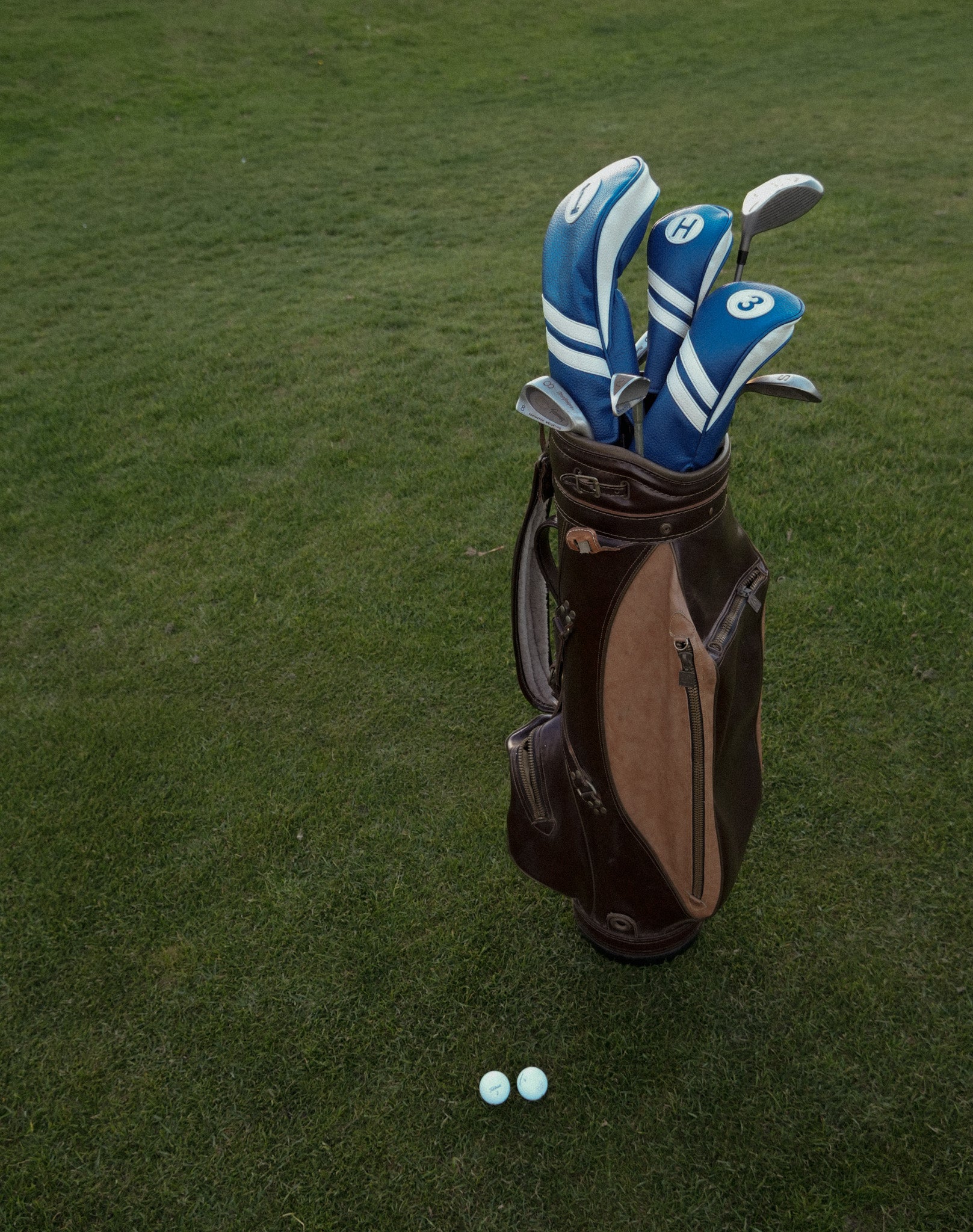 Pair of vintage golf clubs and two golf balls on the course.